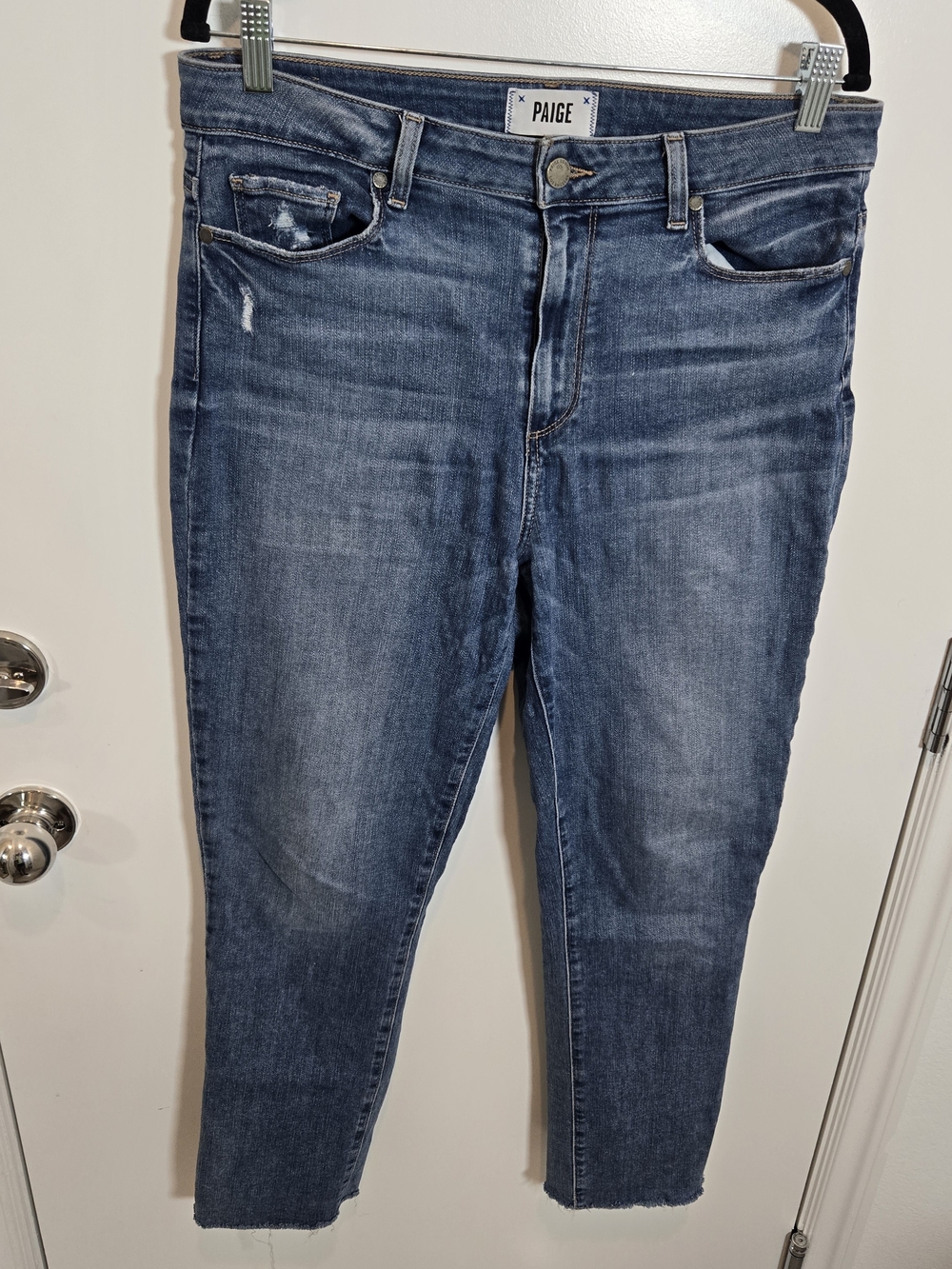 PAIGE Blue Cropped Distressed Skinny Jeans